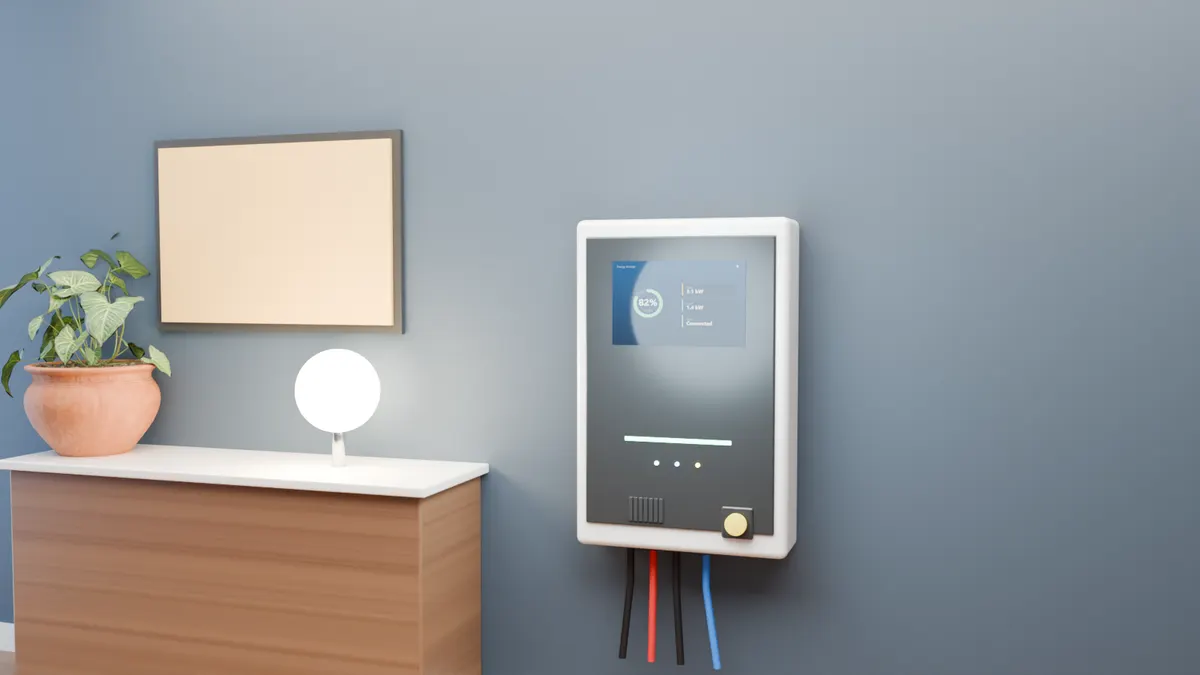 A wall-mounted battery storage unit showing battery, solar and load readings, beside a sideboard with a lamp and a plant