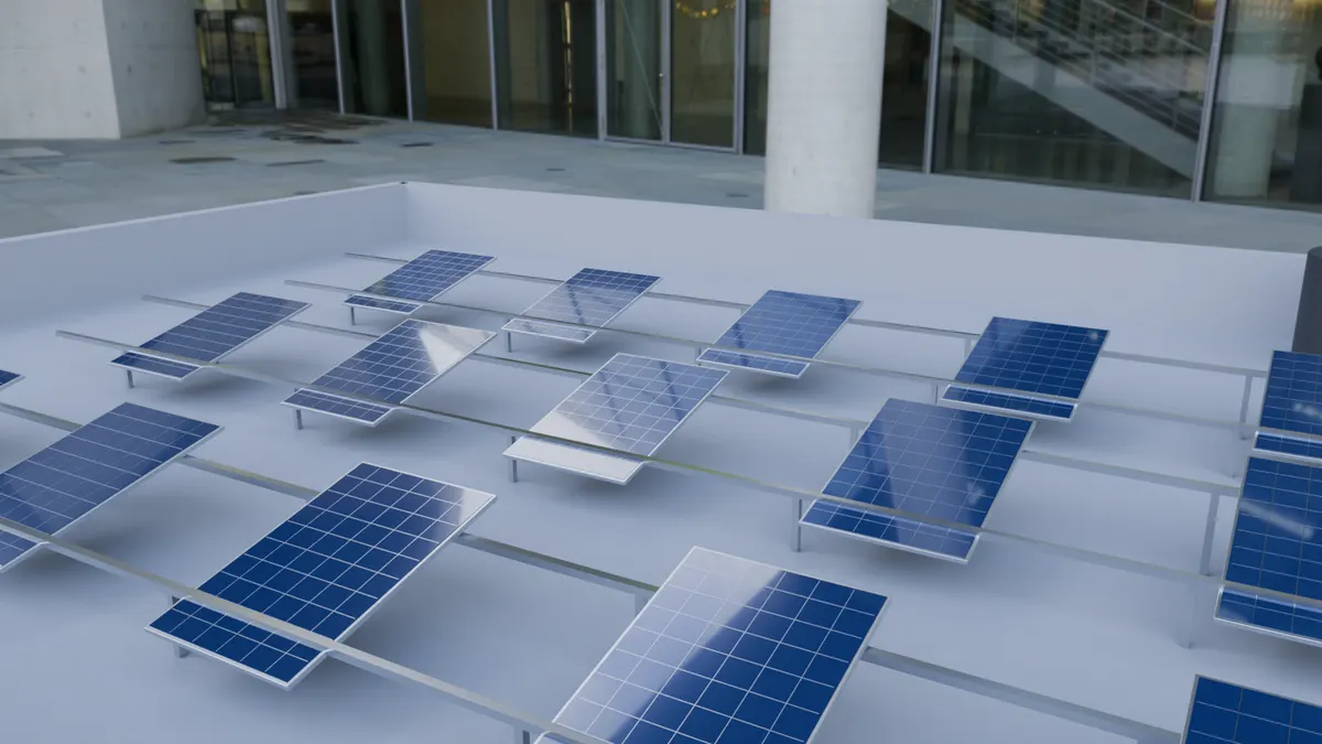 Rows of solar panels on a flat roof on low mounting rails